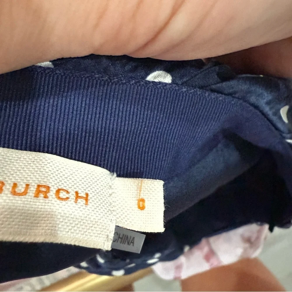 Tory Burch Bubble Skirt Side Ruched Mini in Navy Polka Dot Satin Silk